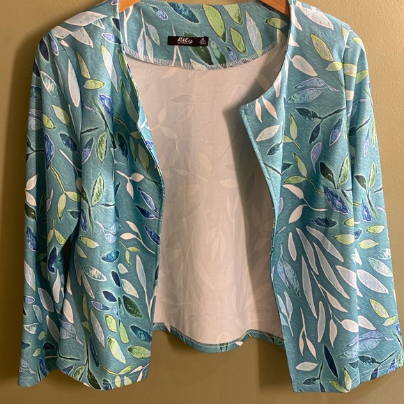 Lily By Firmiana Blue Leaf Pattern Open Blazer Like Jacket Medium - Picture 2 of 6